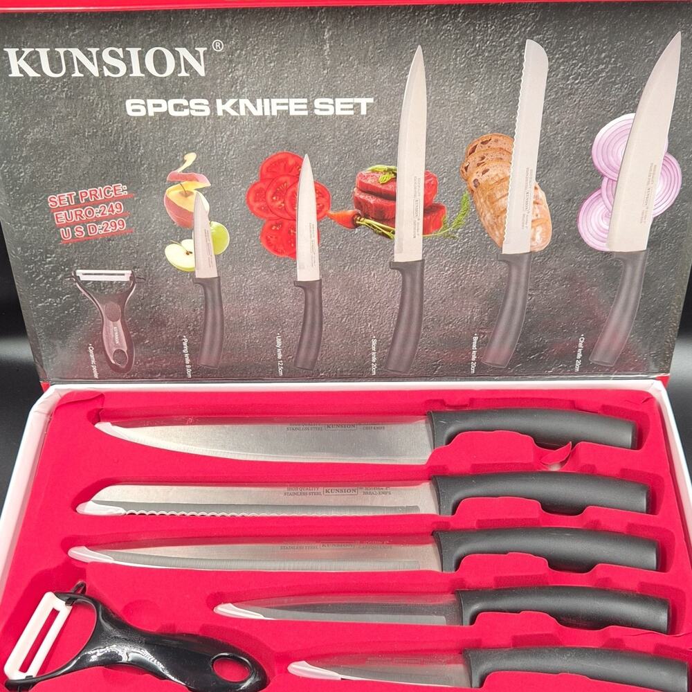 KUNSION 6-Piece Knife Set Chef, Bread, Utility, Paring, Peeler Black Steel